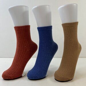 Womens Crew Socks Set 3 Solid Textured Ribbed Rust Orange Blue Mustard Yellow